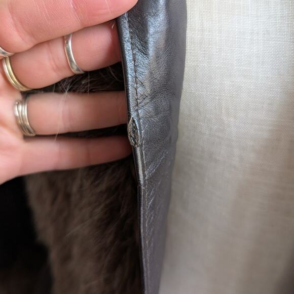 70s Vintage Black Brown Leather Penny Lane Coat Faux Fur Groovy Boho Moto Jacket - Picture 9 of 13